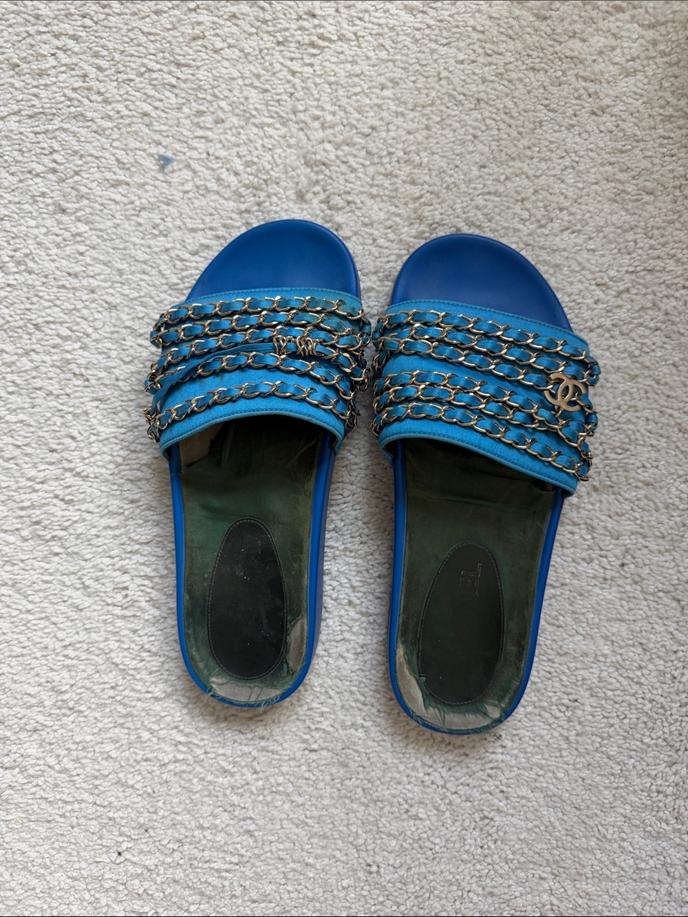 CHANEL Blue Slide Sandals with Gold Chain Trim